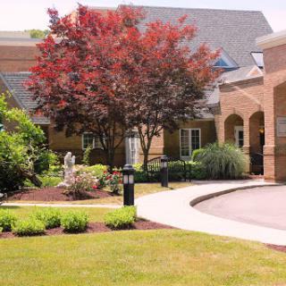 A beautifully landscaped entrance with vibrant trees and flowers leading to a welcoming building.