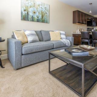 A modern living room with a grey sofa and a stylish coffee table, accented by cushions and artwork, opens into a kitchen area.