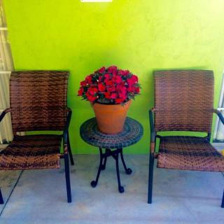 A cozy patio setup with two wicker chairs and a small table holding a potted plant with vibrant red flowers against a bright green wall.