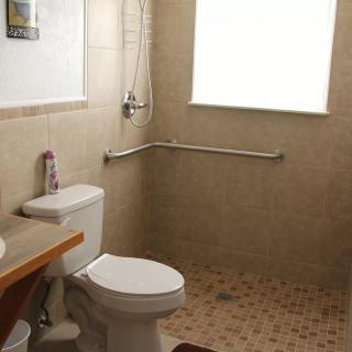 A bathroom with a toilet, shower area, and grab bar, featuring tiled walls and a window.