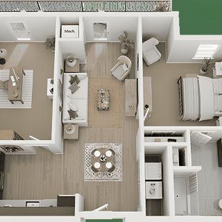 A digital floor plan showcasing a modern apartment layout with a living room, kitchen, bedroom, and bathroom.