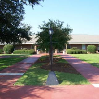 A serene outdoor space featuring pathways, well-maintained lawns, and surrounding trees.