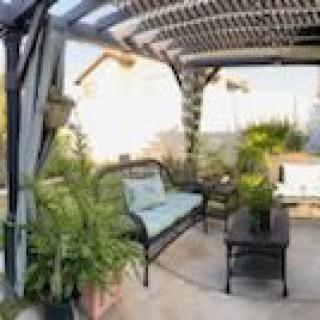A cozy patio with a pergola, adorned with plants and comfortable seating arrangements.