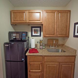 Compact kitchenette with wooden cabinets, a mini fridge, and a coffee maker.