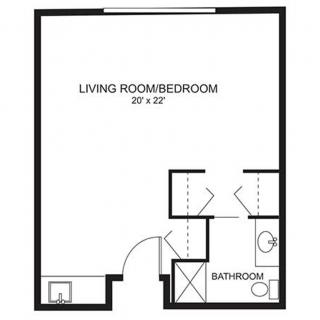 A floor plan of a studio apartment with a combined living room and bedroom area, and a separate bathroom.