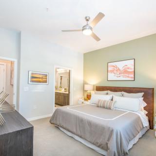 A modern bedroom with a double bed, ceiling fan, and tasteful artwork.