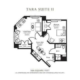 A floor plan of the Tara Suite II, featuring a living room, bedroom, and bathroom layout.