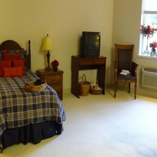 A cozy bedroom with a neatly made bed, small TV, and wooden furniture.