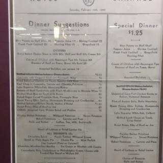 A historical dinner menu displaying various dining options and specialties.