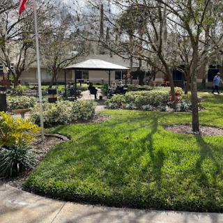 A serene garden setting with vibrant greenery, a pavilion, and blooming flowers under the clear sky.
