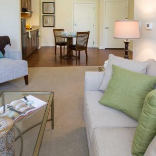 A cozy living room with a sofa, coffee table, and dining area connected to a kitchenette.