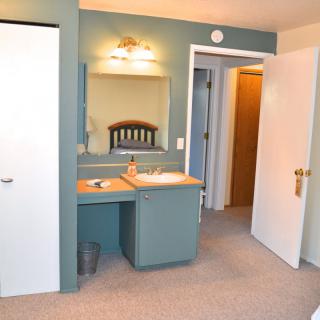 A bathroom interior featuring a vanity with a sink, mirror, carpet flooring, and visible doorways.