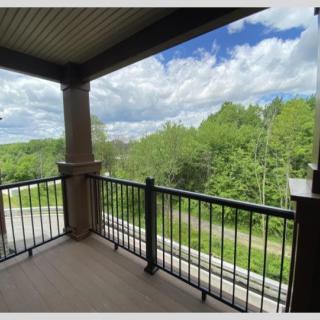 A spacious balcony with a view of lush green trees and a partly cloudy sky.