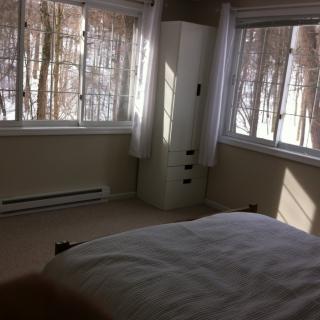 A minimalist bedroom with large windows offering a view of trees outside.