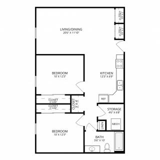 A floor plan of a two-bedroom apartment with a living room, kitchen, and bathroom.