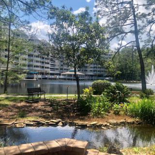 A tranquil landscape featuring a pond, fountain, and a building surrounded by trees.