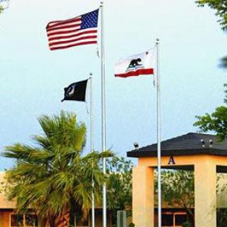 A display of flags representing the United States and California, alongside a military tribute flag, set against a backdrop of palm trees.