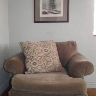 A cozy armchair with a patterned cushion in a living room setting under a framed painting.