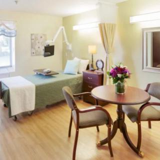 A well-furnished hospital room with a patient bed, table, chairs, and decorative elements.