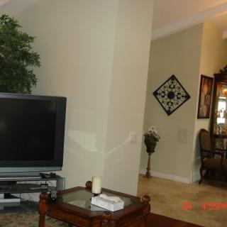 A cozy living room featuring a television, indoor plants, and decorative wall art.