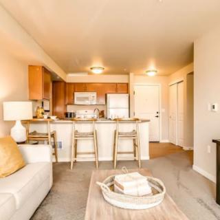 A cozy apartment interior featuring a living room with comfortable seating and a view into the kitchen area.