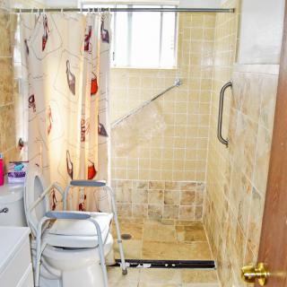 A bathroom with a shower area, toilet, and patterned shower curtain.