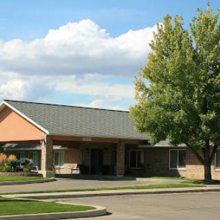 A modern building surrounded by trees and a clear blue sky.