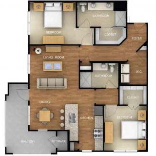 Modern apartment floor plan with two bedrooms, kitchen, and living area.