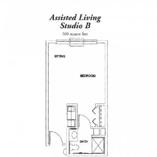 Assisted Living Studio B floor plan with 360 square feet layout.