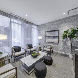 A modern and elegantly designed living room with comfortable seating, stylish decor, and abundant natural light.
