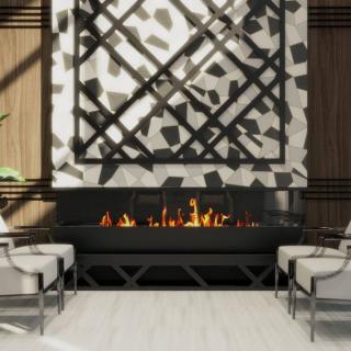 A modern interior with a stylish fireplace and decorative wall feature.
