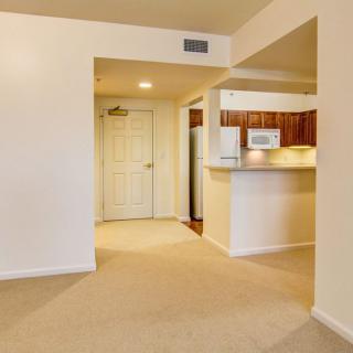 An open-concept apartment with a view of the kitchen and living area.
