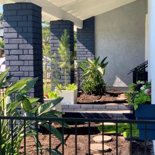 A modern outdoor garden area with lush plants and sleek architectural elements.
