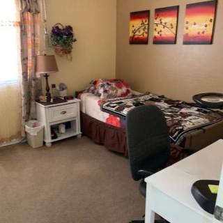 A cozy bedroom with a single bed, desk, and decorative artwork on the wall.