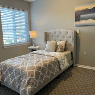 A cozy bedroom with neutral tones featuring a tufted headboard and a stylish lamp near the window.