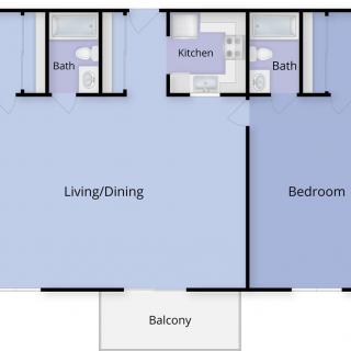 A simple apartment floor plan featuring a living/dining area, bedroom, kitchen, bathroom, and balcony.