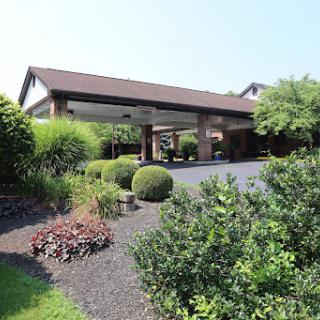 The entrance of a hotel surrounded by lush greenery and carefully manicured landscaping.