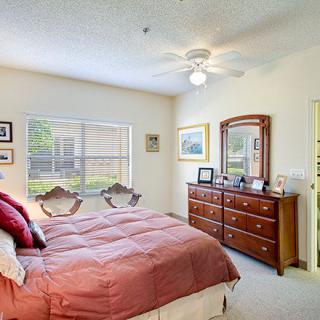 A cozy bedroom with a comfortable bed, dresser, and mirror, illuminated by natural light from a large window.