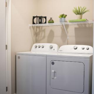 A tidy laundry room featuring a washer and dryer, complemented by decorative plants on shelves.