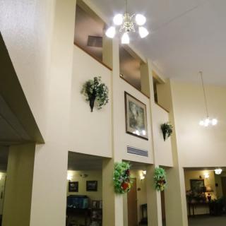 A spacious lobby with high ceilings, decorative plants, and elegant lighting.