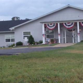 A community building adorned with patriotic decorations.