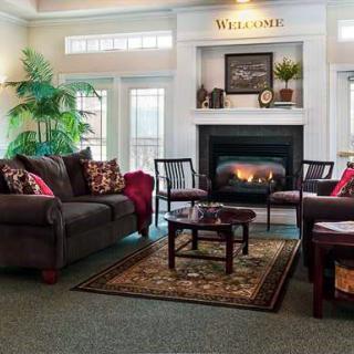 A cozy living room with a fireplace, sofas, and elegant decor.