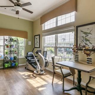 A bright home office with exercise equipment, featuring large windows, a treadmill, a table and chairs, indoor plants, and wall artwork.