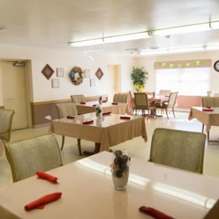 A bright and inviting dining area with neatly arranged tables and chairs, ready for guests.