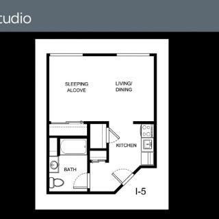 Studio apartment floor plan with sleeping alcove, living/dining area, kitchen, and bathroom.