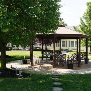 A peaceful outdoor gazebo surrounded by lush trees and greenery.