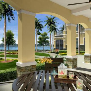 A tranquil patio setting with a view of palm trees and a lake.