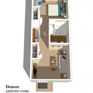 3D floor plan of a one-bedroom assisted living apartment.
