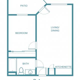 A blueprint of a one-bedroom apartment featuring a living/dining area, kitchenette, bathroom, bedroom, and patio.