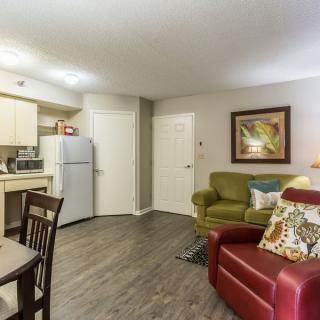 A cozy living room with a kitchenette featuring a green and red sofa, dining table, and modern appliances.